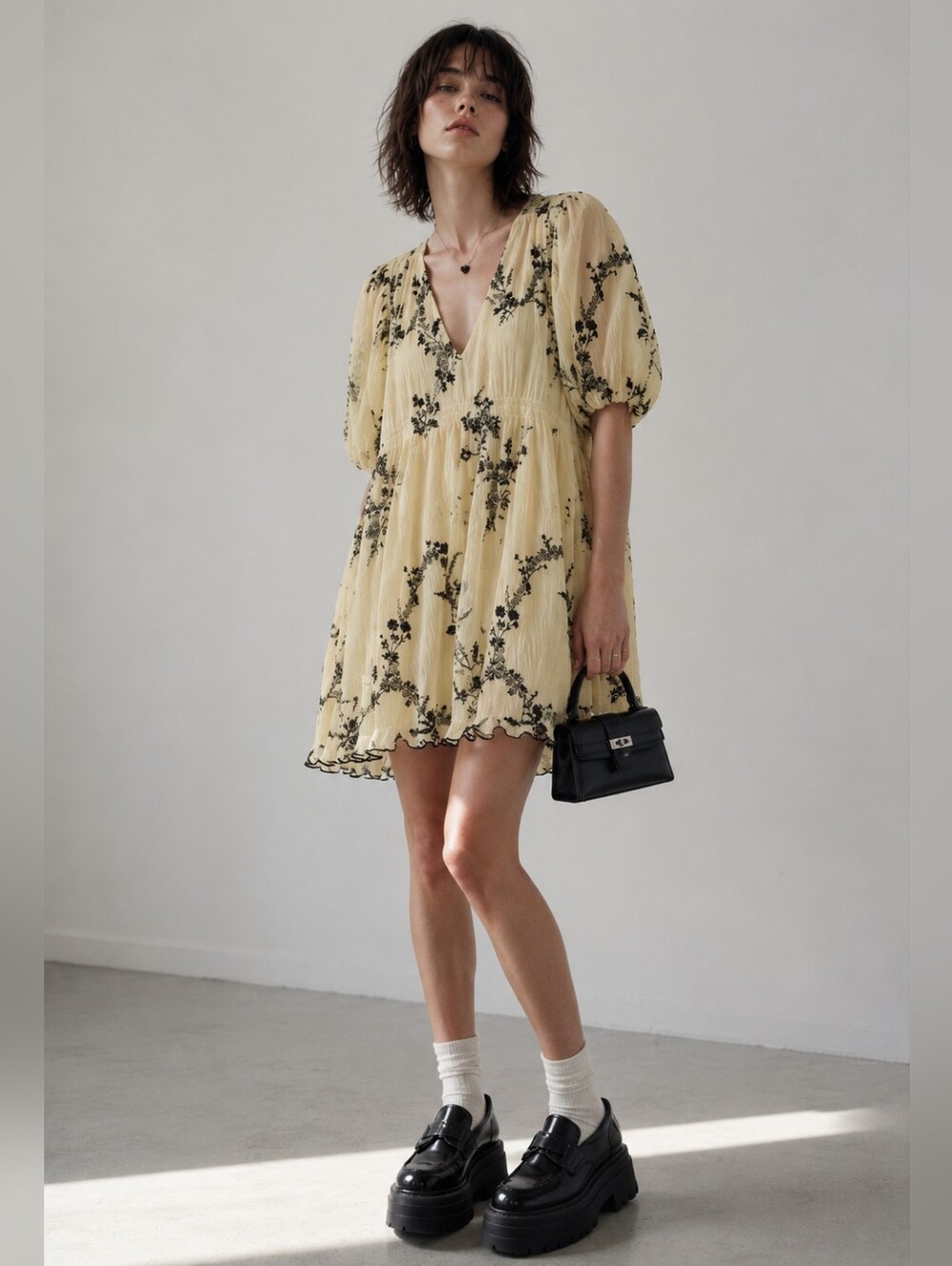 GANNI Butter Yellow Floral Pleated Mini Dress Size 36 (US 4) Smocked Waist